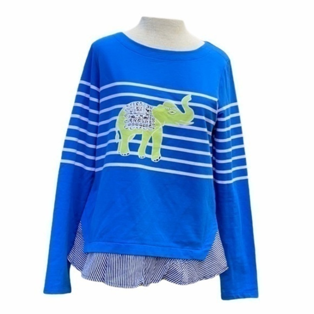 Crown & Ivy Elephant Long Sleeve Blouse blue/white/green